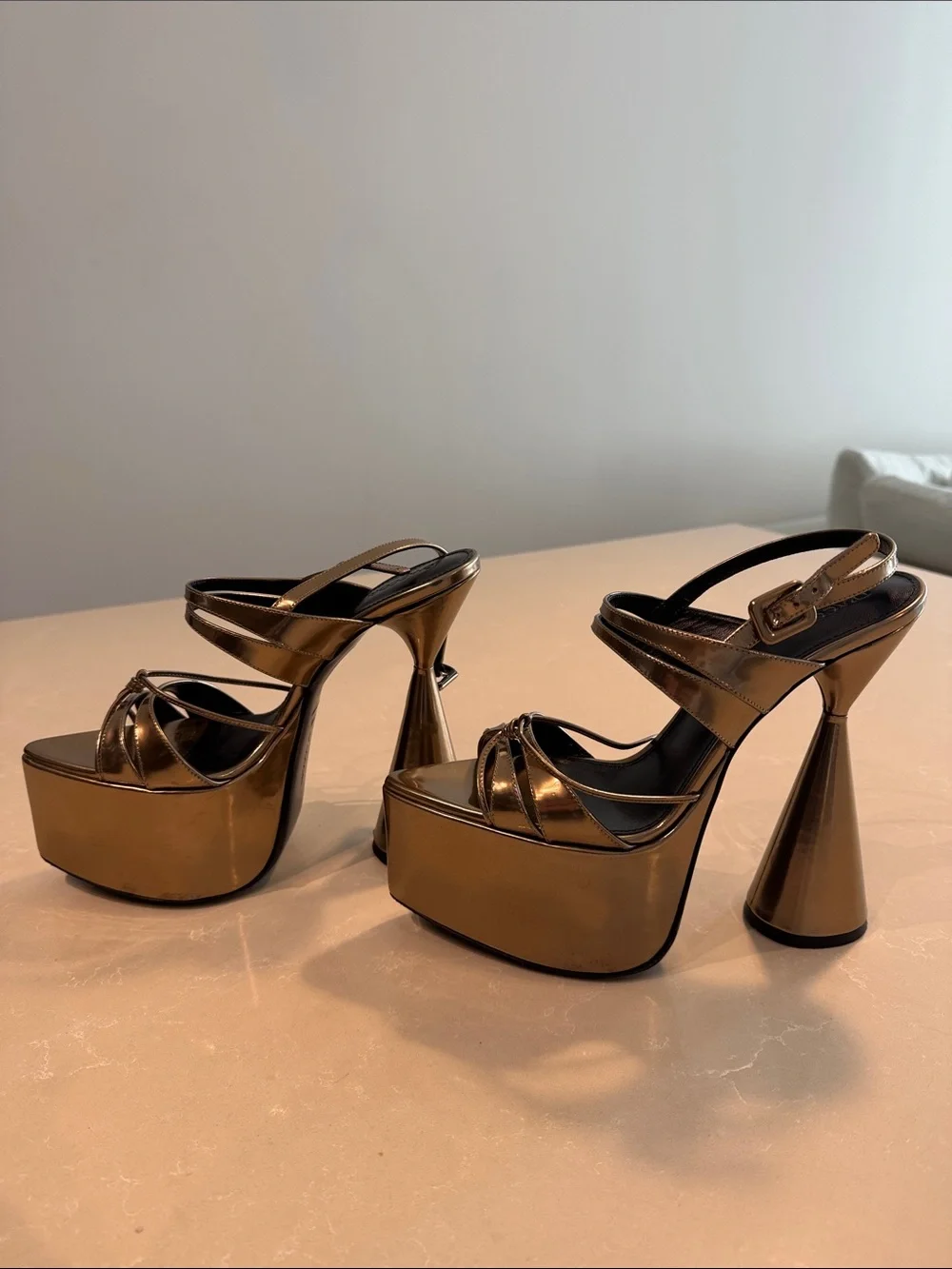 D’accori Bronze Metallic Platform Slingback Sandals